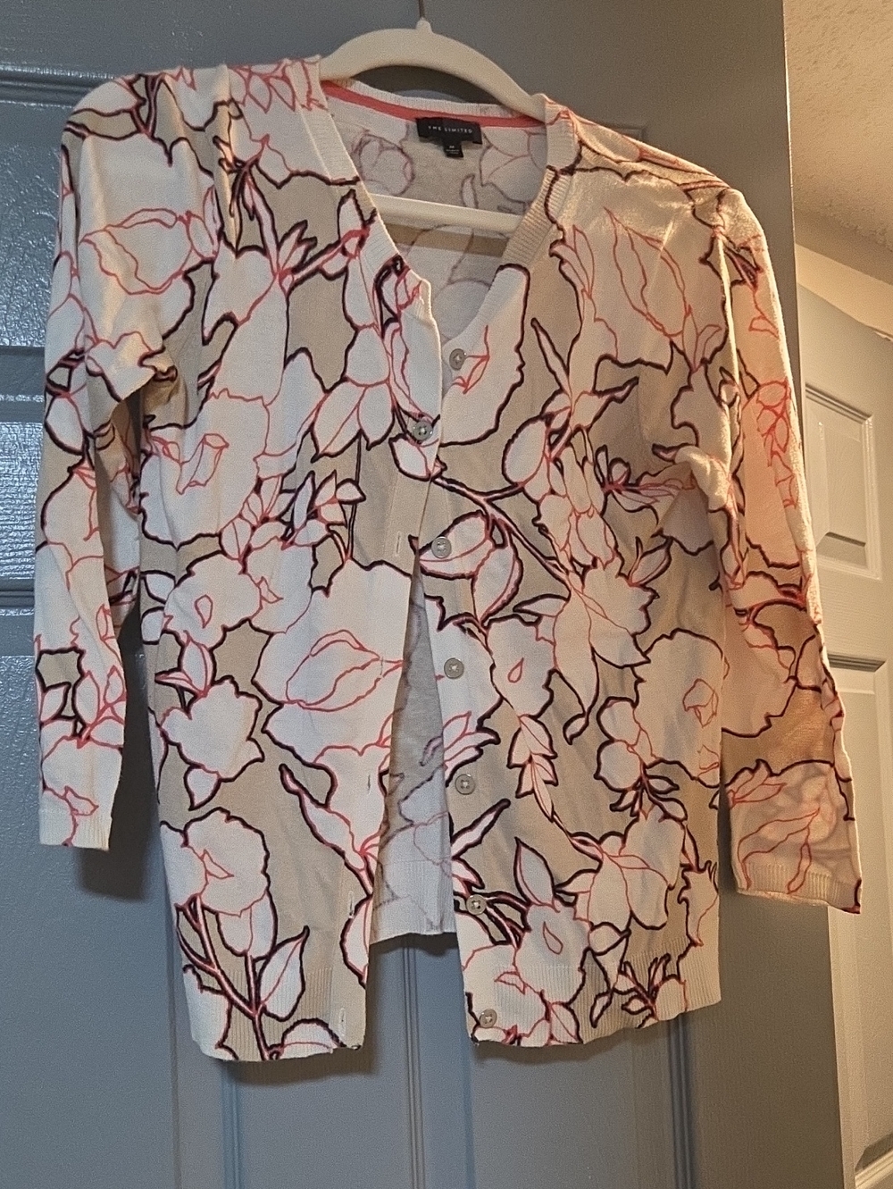 Cotton blend cardigan, The Limited, floral print button-front
